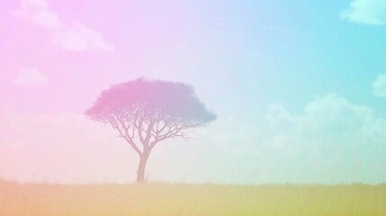 Wall Mural - Lonely Tree in Misty Meadow at Sunrise with Foggy Landscape and Blue Sky