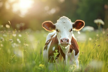 Wall Mural - Funny cow on a green summer meadow. Blurred background