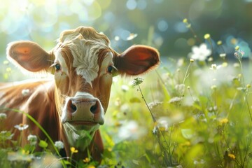 funny cow on a green summer meadow. blurred background