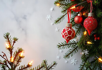 Aufkleber - Christmas Branches Border with Christmas Decorations on Transparent Background