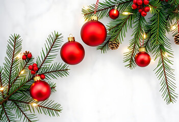 Aufkleber - Christmas Branches Border with Christmas Decorations on Transparent Background