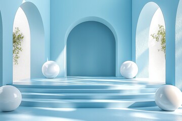 Poster - Minimalist blue and white interior with geometric shapes