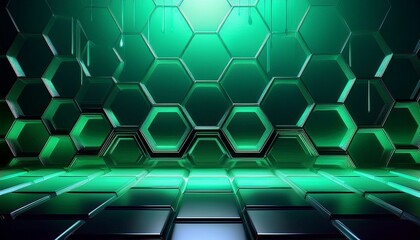 Abstract green geometric and hexagons shiny. Science or technology concept background