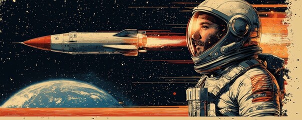 Wall Mural - retro astronaut poster with rocket launch in vintage style