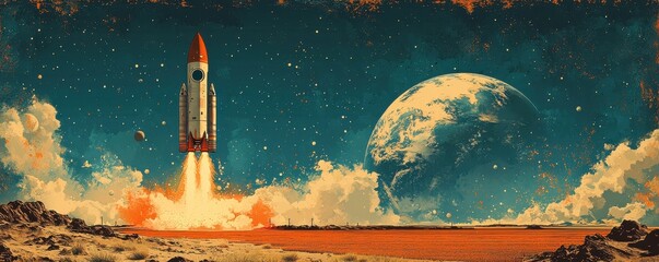 Wall Mural - vintage style poster of a rocket launching into space