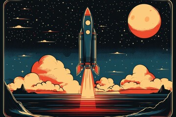 Wall Mural - rocket launching towards the moon under a starry night sky