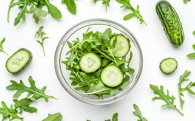 Wall Mural - A light background highlights a clear bowl filled with fresh cucumber slices and arugula leaves, ideal for a nutritious salad or dish.