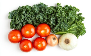 Wall Mural - Fresh kale, ripe tomatoes, and onions placed on a white background, ideal for inspiring healthy cooking and meal preparation.