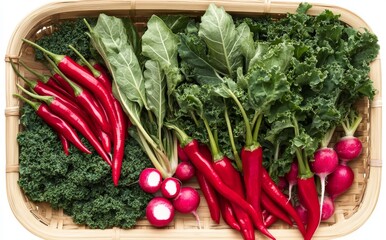 Wall Mural - A colorful mix of vegetables like spinach, lettuce, radishes, and bell peppers, presented in a woven basket.