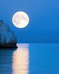 Poster - Bright Full Moon Illuminating Calm Waters and Rugged Cliffs at Dusk by the Seaside