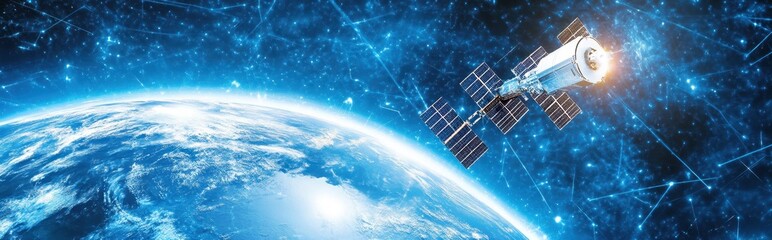Poster - Futuristic Telecom Satellite Orbits Earth, Connecting Global Networks With Advanced Technology
