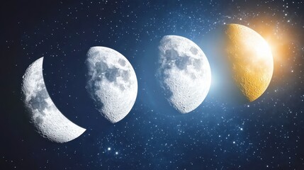 Poster - Exploring the Enchanting Transitions of the Moon Through Its Main Phases in a Starry Night