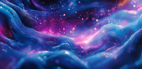 Poster - Colorful abstract waves in a cosmic-like landscape with flowing textures and vibrant particles