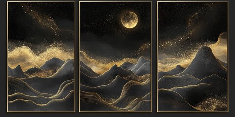 Poster - This is a stunning and eyecatching 3D portrait wallpaper that showcases intricate wavy black and gold marble mountains set against a rich dark background, perfect for enhancing modern decor