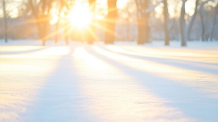 Poster - Sunrise Over a Serene Winter Landscape Creates a Magical Glow on Snow-Covered Ground