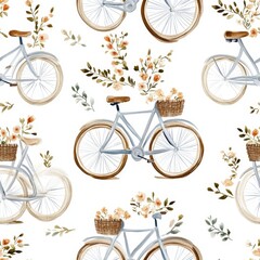 Canvas Print - Pastel Watercolor Bicycle Pattern with Flowers