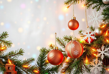 Poster - Christmas Branches Border with Christmas Decorations on Transparent Background