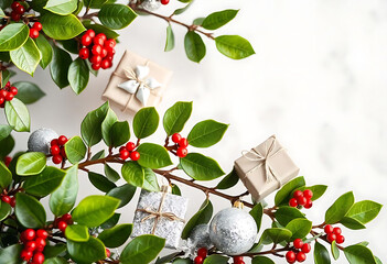 Poster - Christmas Branches Border with Christmas Decorations on Transparent Background
