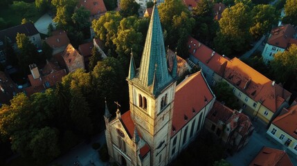 Aerial Perspective of a Historic Church Tower Overlooking Zielona Gora's City Square and Market