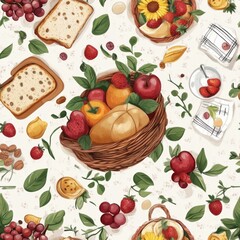 Canvas Print - Colorful Picnic Basket Pattern with Fruits and Bread