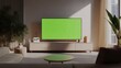 © Aisha - A TV with a green screen surrounded by minimalist decor and neutral tones in a contemporary apartment.