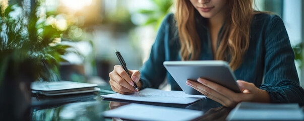 Poster - Woman Using Tablet and Taking Notes for Business Planning and E-Learning in Modern Workspace