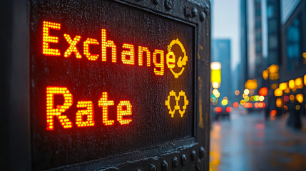 Poster - digital exchange rate display sign on urban street at night with blurred cityscape
