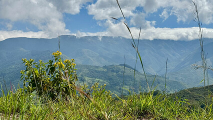 montañas con cielo azul, nubes y vegetación