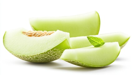 Poster - Full Honeydew Melon With Fresh Slices Displayed on a Clean White Background Showcasing Vibrant Colors