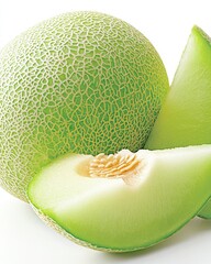 Poster - Fresh Honeydew Melon With a Vibrant Slice on a Clean White Background Ready for a Healthy Snack