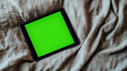 A tablet with a green screen resting on a fabric surface like soft linen or wool. 