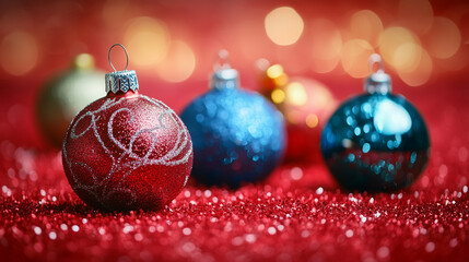 close up view on five different shiny christmas tree balls in different colours. red colourful festive background with golden glimmer. christmas celebration ornaments