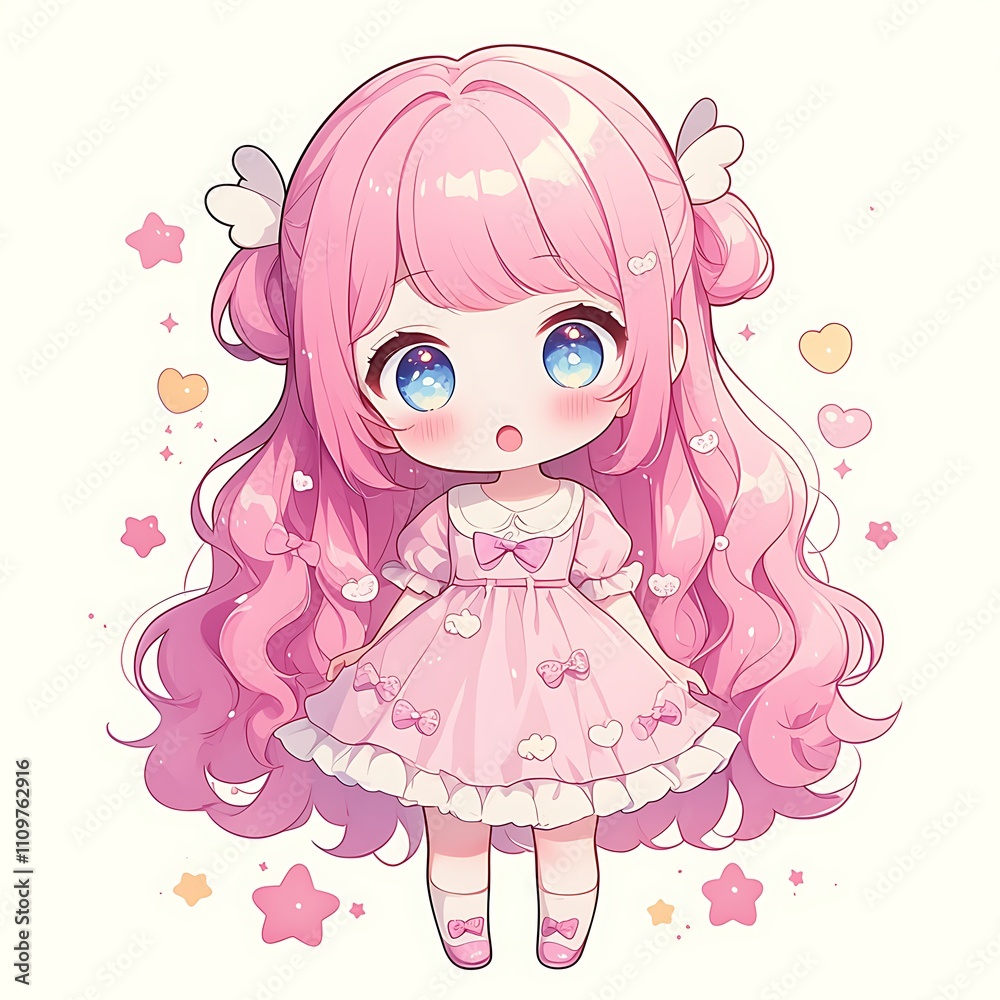 Cute anime girl with pink hair and dress. Concept of kawaii, adorable ...