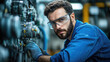 © britaseifert - A close-up of a technician conducting maintenance on a gas compressor station, wearing a blue jumpsuit and safety glasses