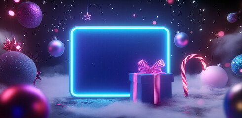 Poster - Colorful holiday display featuring a neon frame, gift, candy cane, and ornaments with a starry backdrop