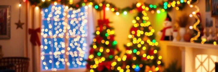 colorful string of christmas lights glowing in the dark room, holiday, decor, bright