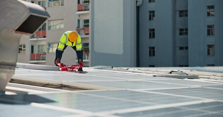 Poster - Solar panel, inspection and man on roof with tool box, clean energy and service on grid system. Photovoltaic power, electrician or technician with equipment for maintenance on renewable electricity