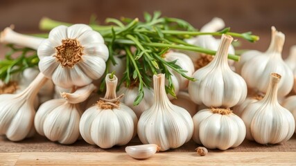 Wall Mural - Fresh garlic bulbs with a white background, cooking, fresh garlic, natural