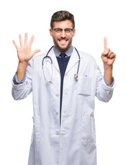 Canvas Print - Young handsome doctor man over isolated background showing and pointing up with fingers number six while smiling confident and happy.