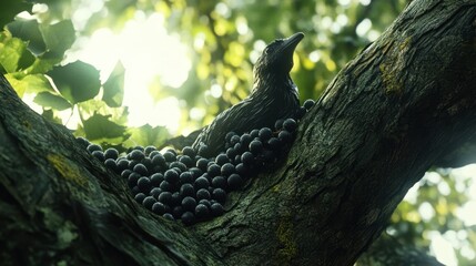 Aufkleber - Jaboticaba Berries Cluster Beautifully on a Tree Branch Under Soft Sunlight Filtering Through Leaves
