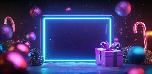 Poster - Colorful neon holiday background with gifts and decorations for a festive atmosphere