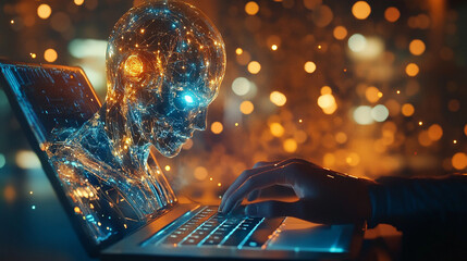 Futuristic Digital Human on Laptop  Neural Network    Technology Concept
