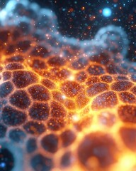 Poster - Vibrant Cosmic Patterns Illuminate an Abstract World of Hexagonal Formations and Glowing Orbs