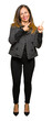 © Krakenimages.com - Beautiful middle age woman wearing fashion jacket smiling and looking at the camera pointing with two hands and fingers to the side.