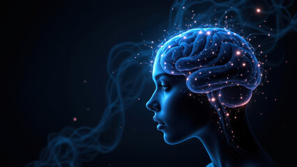 Wall Mural - Brain illustration with a representation of AI and human thought patterns.