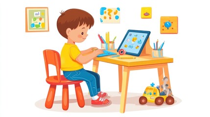 Boy using tablet at his desk, colorful room.