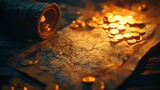 Treasure map with gold coins and ancient container.