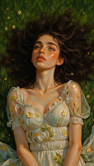 Wall Mural - a woman lying on a grassy field adorned with stars and small yellow flowers, wearing a white dress with floral embroidery.