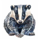 Cute collection of watercolor illustrations of a badger on a white background.