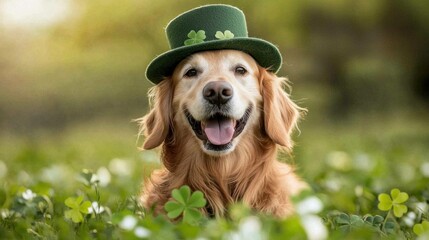 Wall Mural - Happy golden retriever dog wearing a green hat with shamrocks, sitting in a lush green field with clover flowers. Joyful pet portrait celebrating St. Patrick's Day.